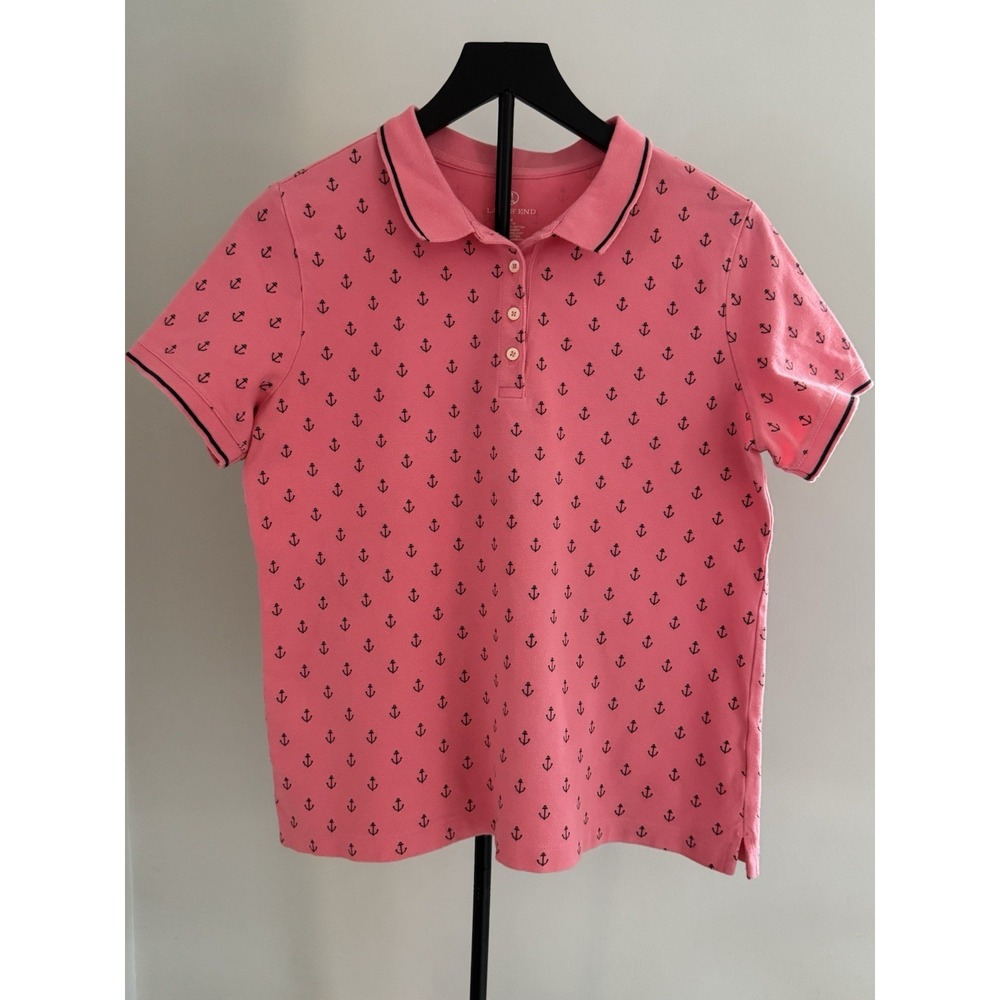 Lands' End Pink Anchor Polo Shirt Womens M Nautical Coastal Preppy Short Sleeve - Picture 1 of 7